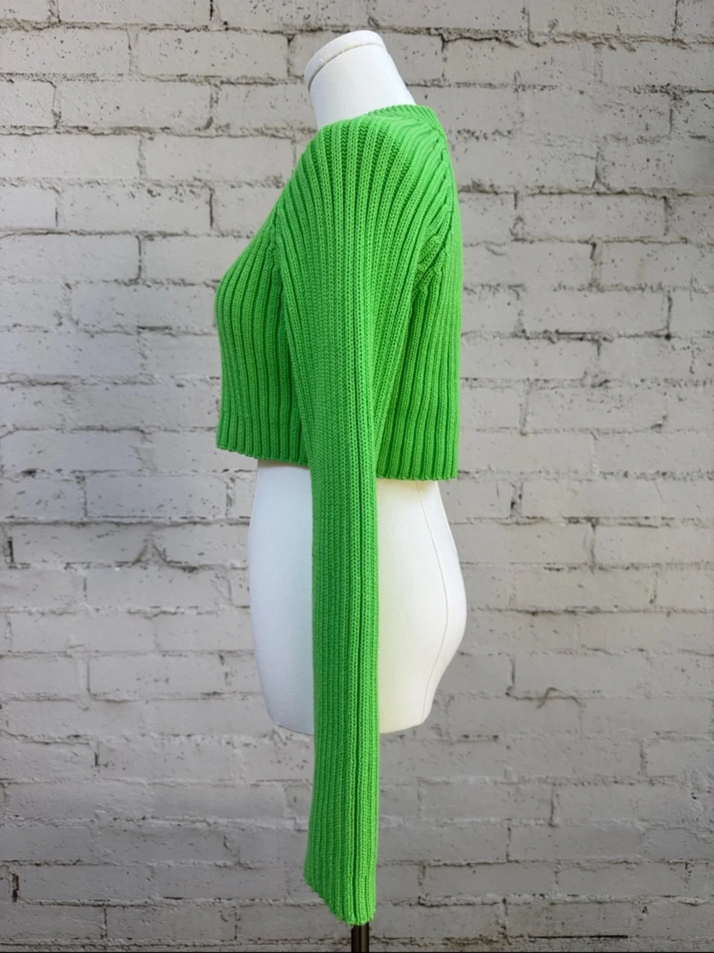 Zara Cropped Ribbed Crewneck Sweater Lime Green Size XS